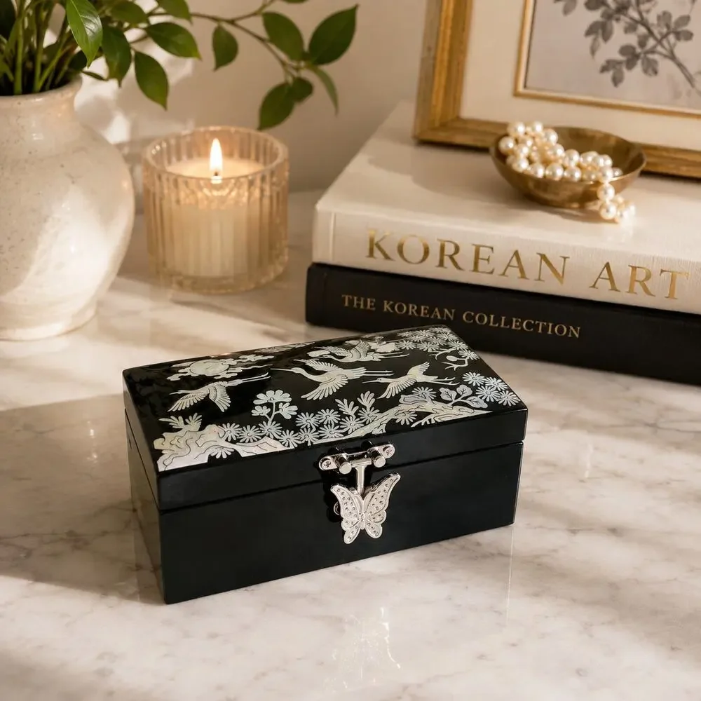 Korean Najeon Chilgi Mother of Pearl Crane Jewelry Box Butterfly Clasp